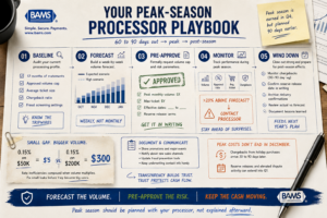 Seasonal volume playbook graphic showing a 60 to 90 day processor preparation timeline with baseline audit, weekly forecasting, volume-cap approval, peak monitoring and post-season review.
