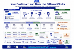 Settlement calendar infographic showing how authorized sales move through batching, settlement, weekends, holidays, and bank posting before becoming available cash.