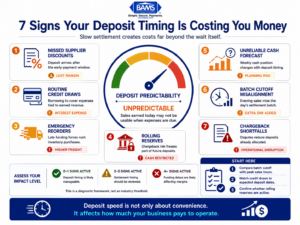 Diagnostic infographic showing seven ways delayed merchant deposits increase supplier, credit, inventory, reserve, and operational costs.