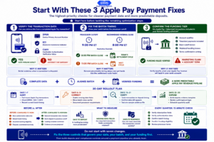 Apple Pay optimization infographic showing the three first checks merchants should make: tokenization data, settlement batch timing, and next-day funding eligibility.