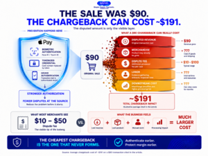 Apple Pay chargeback cost infographic showing how a $90 disputed eCommerce transaction can create additional merchandise, dispute, labor and processing costs.