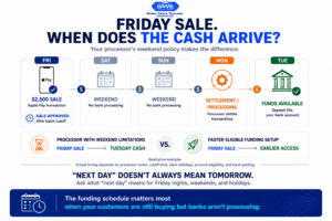 Payment settlement timeline showing how Friday evening and weekend Apple Pay sales can be delayed by processor weekend funding policies.