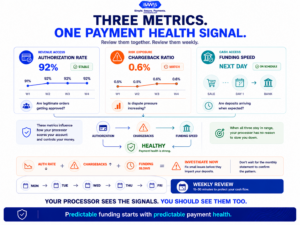 Weekly payment health dashboard combining authorization rate, chargeback ratio and funding speed to help ecommerce merchants monitor payment risk.