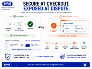 Apple Pay chargeback defense featured graphic showing secure tokenized checkout on one side and the merchant evidence gap during disputes on the other.