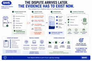 Apple Pay chargeback workflow infographic showing evidence capture, dispute classification, representment, chargeback monitoring and funding optimization.