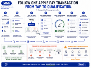 Apple Pay configuration infographic showing seven checkpoints for merchant tokens, MPAN, transaction data, ECI authentication, token updates and interchange monitoring.