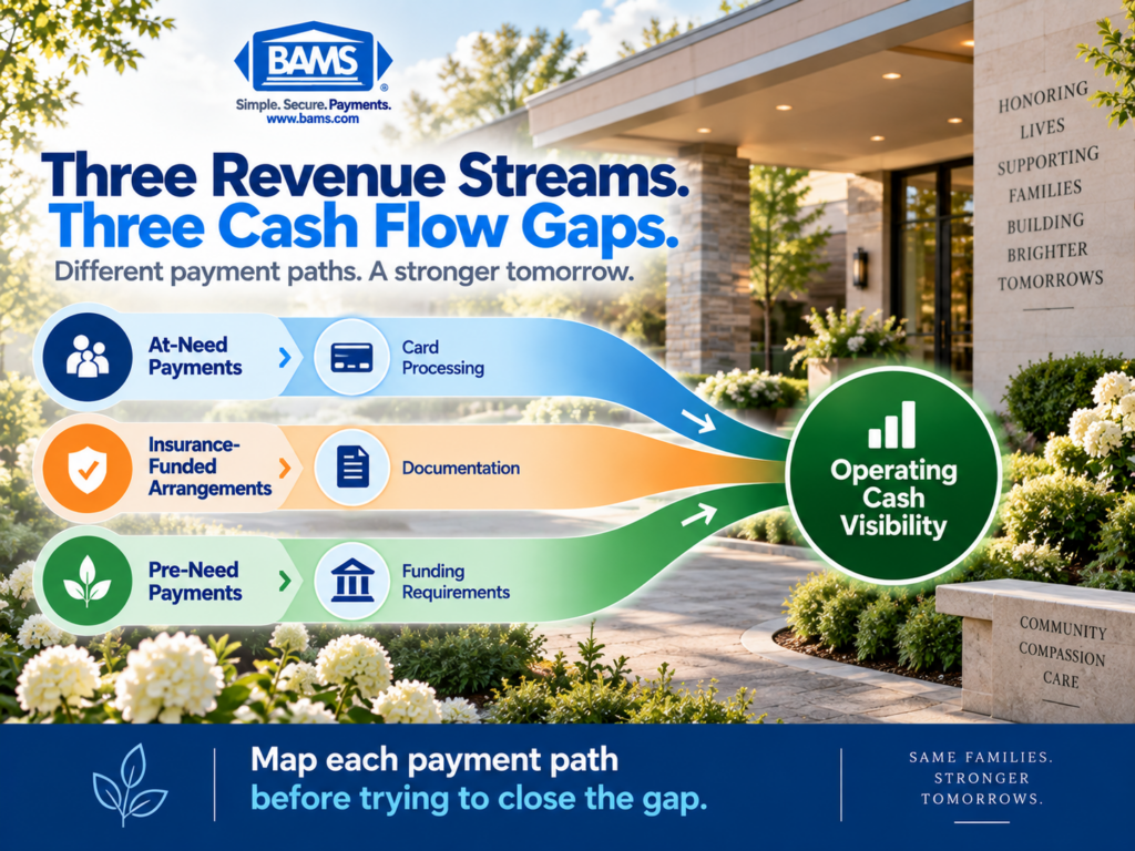 BAMS funeral home working capital graphic showing at-need payments, insurance-funded arrangements and pre-need payments moving toward available operating cash.