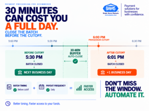 BAMS featured image showing how closing a payment batch before the processor cutoff can help ecommerce merchants receive deposits one business day sooner.