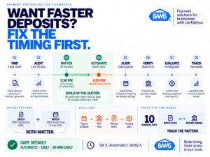 BAMS infographic showing the batch timing, automatic settlement, payout frequency and deposit tracking process for faster ecommerce deposits.