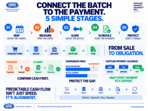 BAMS infographic showing five steps for connecting transaction batches, predictable deposits and supplier payment schedules.