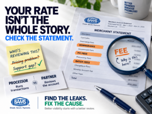 BAMS featured image showing a merchant processing statement with overlooked credit card processing fees highlighted for review.