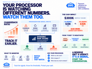 BAMS infographic showing how chargebacks, refunds and transaction changes can influence processor risk scoring, reserves and ecommerce cash flow.