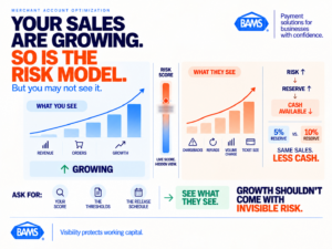 BAMS featured image comparing ecommerce revenue growth with the hidden risk signals payment processors use to dynamically reassess merchant accounts.