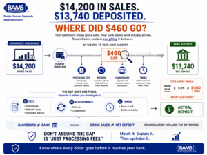 eCommerce payment reconciliation infographic comparing $14,200 in dashboard sales with a $13,740 bank deposit and breaking down the unexplained deposit gap.