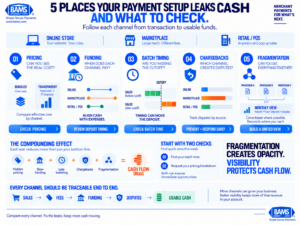 BAMS infographic showing five multi-channel payment problems that can reduce ecommerce cash flow through hidden fees, deposit delays, batch timing, chargebacks and fragmented processors.