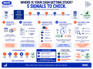 BAMS infographic showing five payment-processing signals that can drain ecommerce cash flow through slow deposits, opaque pricing, chargebacks, batch timing and stale processor terms.