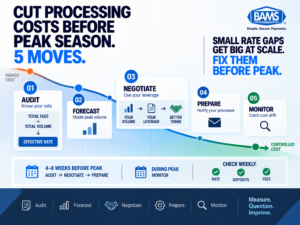 BAMS infographic showing five steps ecommerce merchants can use to audit, forecast, negotiate, prepare and monitor payment processing costs before peak season.