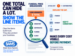 BAMS featured image showing funeral service pricing broken into clearly visible cash advance line items to illustrate pricing transparency.