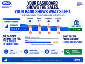 BAMS featured graphic showing ecommerce gross sales passing through payment processing deductions before reaching the merchant bank account as a smaller net deposit.