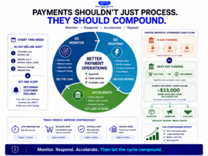 Payment alerts service infographic showing the Monitor, Respond and Accelerate cycle for reducing false declines and improving eCommerce cash flow.