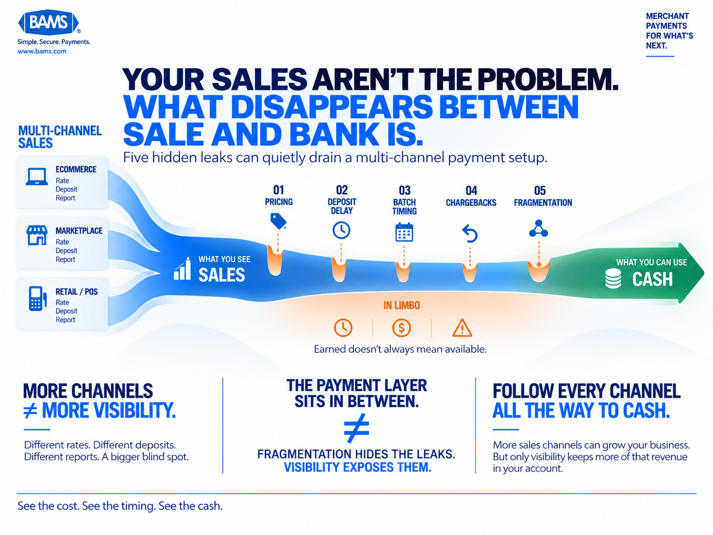 BAMS featured graphic showing five hidden points where a multi-channel ecommerce payment setup can lose cash through fees, funding delays, batch timing, chargebacks and fragmentation.