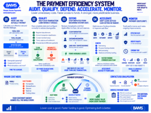 BAMS infographic showing a five-stage payment cost optimization system covering effective rate auditing, interchange qualification, chargeback prevention, faster funding and monthly monitoring.
