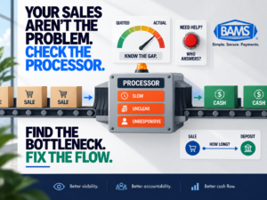 BAMS featured image illustrating how payment processor delays and hidden costs can create bottlenecks between ecommerce sales and available cash.