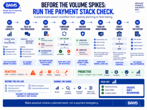 BAMS infographic showing a pre-season payment preparation workflow covering processor capacity, decline codes, retry logic, authentication, monitoring, deposit timing and testing.