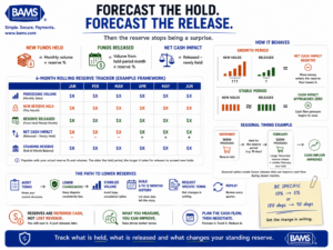 Rolling reserve cash flow tracker showing monthly funds held, reserve releases and net working capital impact for an eCommerce merchant.