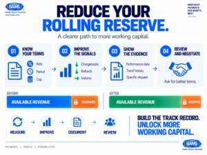 BAMS infographic showing four phases ecommerce merchants can follow to improve payment risk signals, request lower rolling reserves and protect better reserve terms.