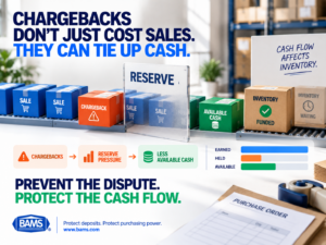 BAMS featured image showing how rising chargebacks can increase rolling reserve pressure and reduce cash available for ecommerce inventory and supplier payments.