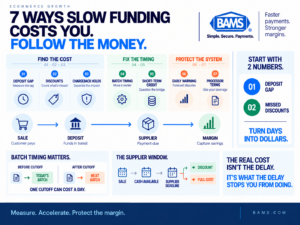 BAMS infographic showing seven payment and funding issues that can prevent eCommerce businesses from capturing supplier discounts and maintaining predictable cash flow.
