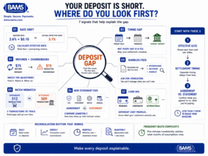 Payment fee reconciliation infographic showing seven signals eCommerce merchants can check to identify processing fees, settlement delays and transaction discrepancies.