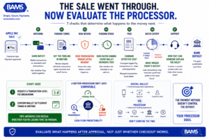 Payment processor evaluation infographic showing seven post-transaction checks for batching, funding terms, risk review, next-day funding, fees, cutoff times and support.