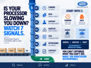 BAMS infographic showing seven warning signals that a payment processor may be creating funding delays, higher costs and accountability gaps.