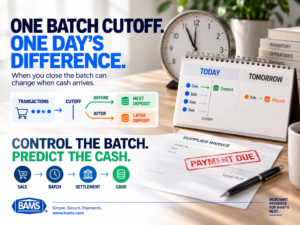 BAMS featured image showing how transaction batch timing affects settlement and when ecommerce revenue becomes available in a merchant bank account.