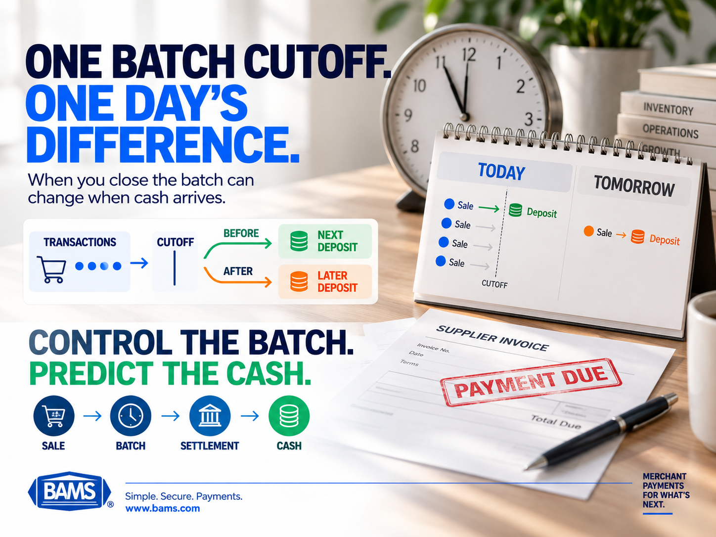 BAMS featured image showing how transaction batch timing affects settlement and when ecommerce revenue becomes available in a merchant bank account.