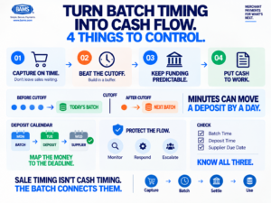 BAMS infographic showing how merchants can align transaction capture, batch cutoff timing, settlement and deposit monitoring for more predictable cash flow.