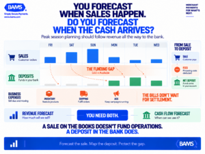BAMS featured graphic showing the gap between peak season sales dates and the dates merchant deposits become available for business expenses.