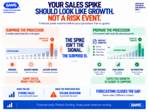BAMS featured graphic showing how payment processors interpret seasonal transaction volume spikes and how forecasting can prevent reserves and funding delays.
