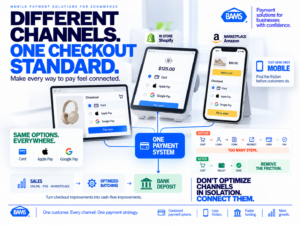 BAMS featured image showing Shopify, in-store POS and marketplace payment channels connected into one unified mobile checkout system.
