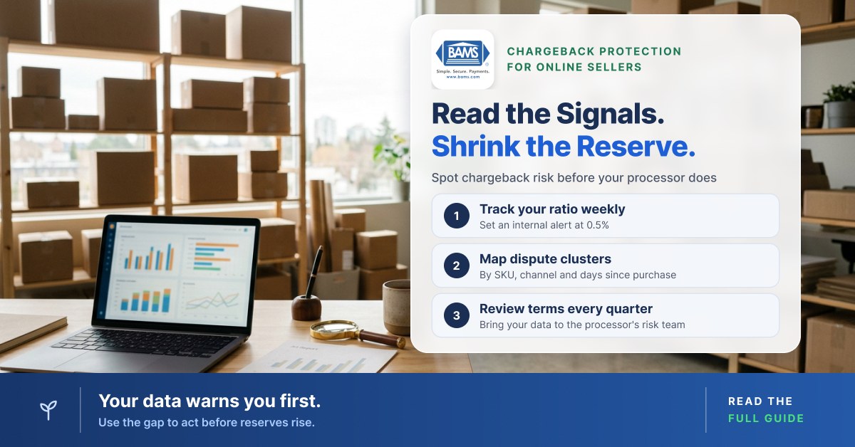 eCommerce operations desk with a laptop showing charts and a magnifying glass on a report, BAMS guide to chargeback protection signals