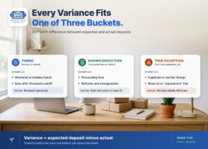 Three variance buckets for daily deposit reconciliation: timing, known deduction and true exception