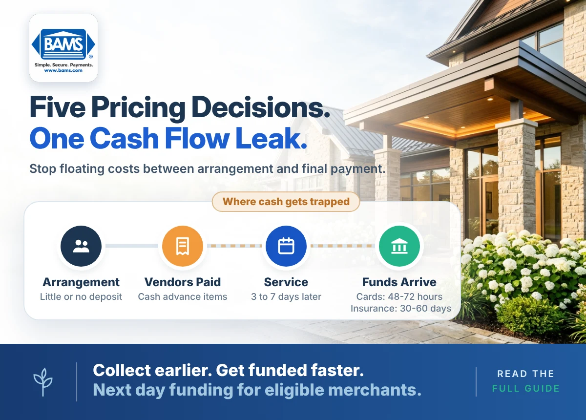 Funeral service pricing timeline showing where funeral home cash gets trapped before final payment