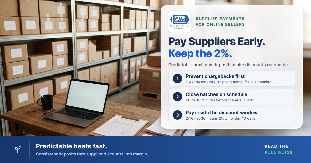 Stockroom office desk with a laptop, purchase order and invoices, BAMS guide to supplier payments and next-day funding